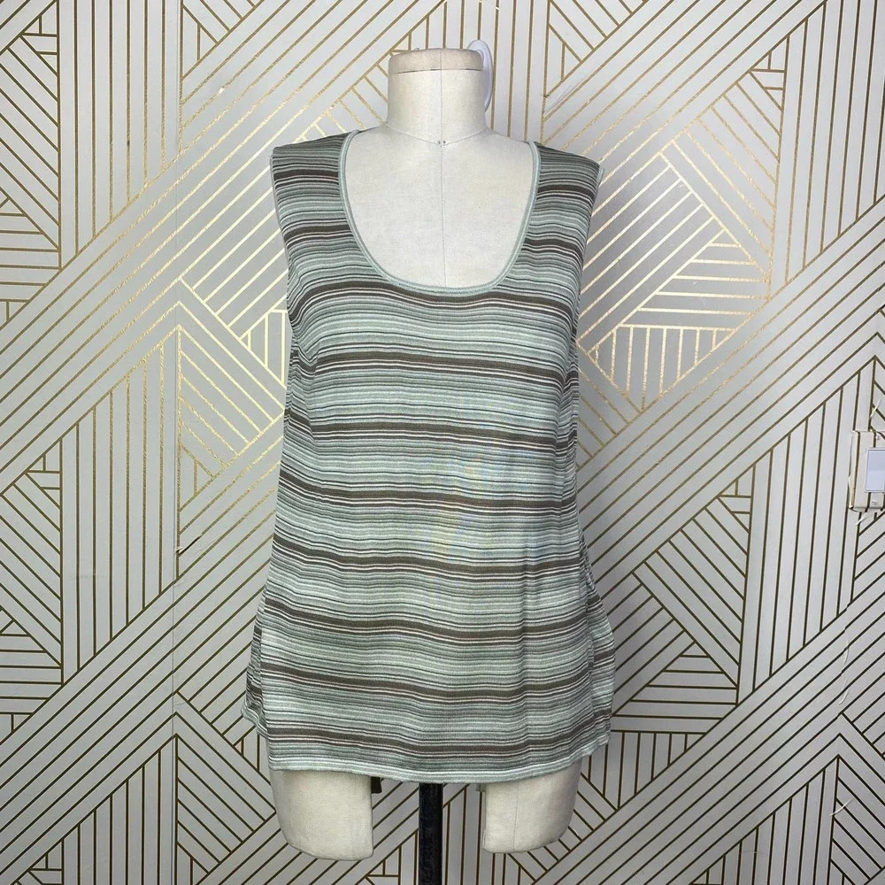 Akris Sweater Tank Top Blouse Shell Sleeveless Knit Stripe Green Brown Size 14